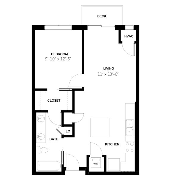 A floor plan of a small apartment with a bedroom, living room, kitchen, bathroom, and closet.