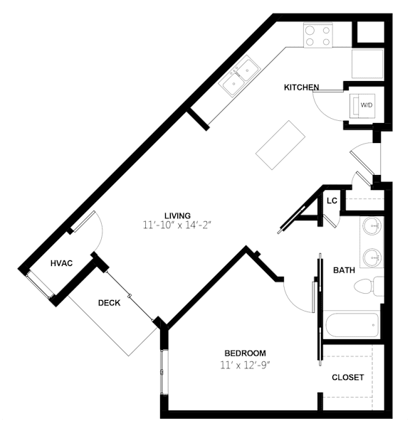A floor plan of a house with a kitchen, living room, bedroom, bathroom, and closet.