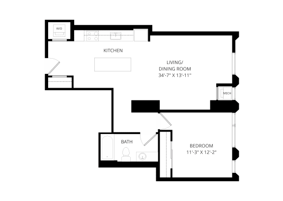 a floor plan of a 1 bedroom floor plan with an open plan kitchen and living