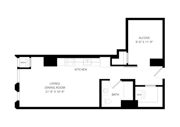 a floor plan of a 1 bedroom floor plan with an open floor plan and a