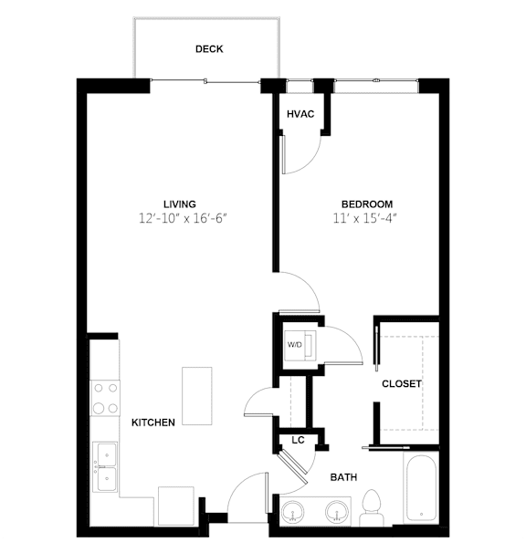 A floor plan of a small apartment with a living room, bedroom, kitchen, and bathroom.