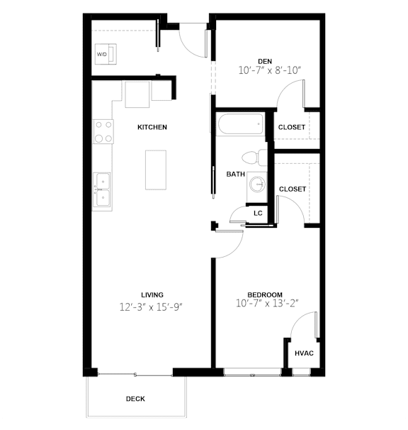 A floor plan of a small apartment with a living room, kitchen, bathroom, bedroom, and closet.
