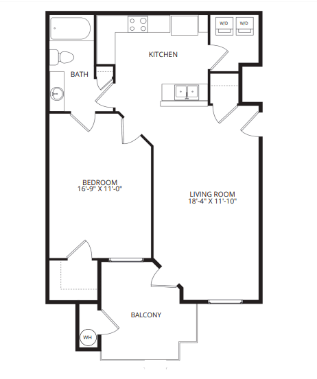A floor plan of a home with a kitchen, living room, bedroom, bathroom, and balcony.