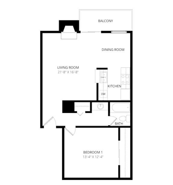 A black and white image of a floor plan for a home with a balcony, dining room, living room, kitchen, bath, and two bedrooms.