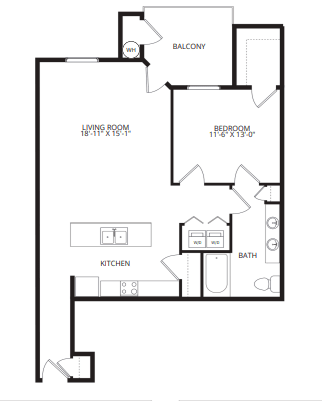 Floor Plan  A black and white image of a house floor plan with a living room, kitchen, bathroom and bedroom.