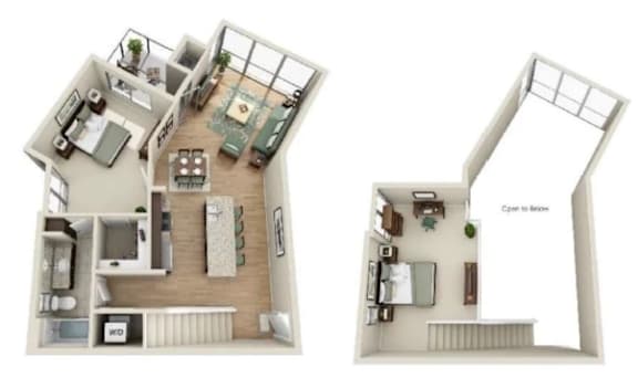 A floor plan of a two-bedroom apartment with a living room, kitchen, and bathroom.