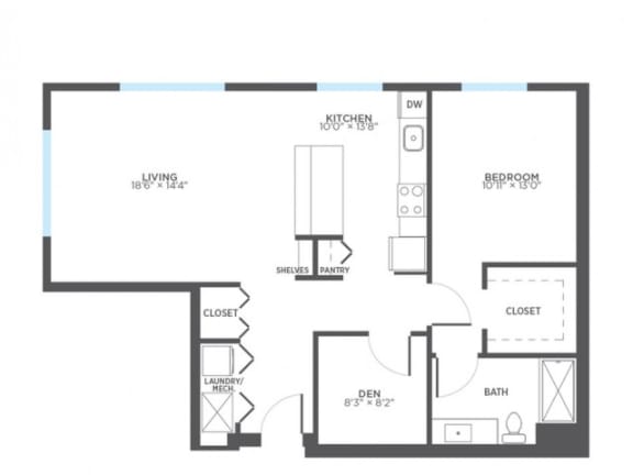 AMBER 1 Bedroom 1 Bath Floor Plan at Stitchweld, MILWAUKEE, Wisconsin