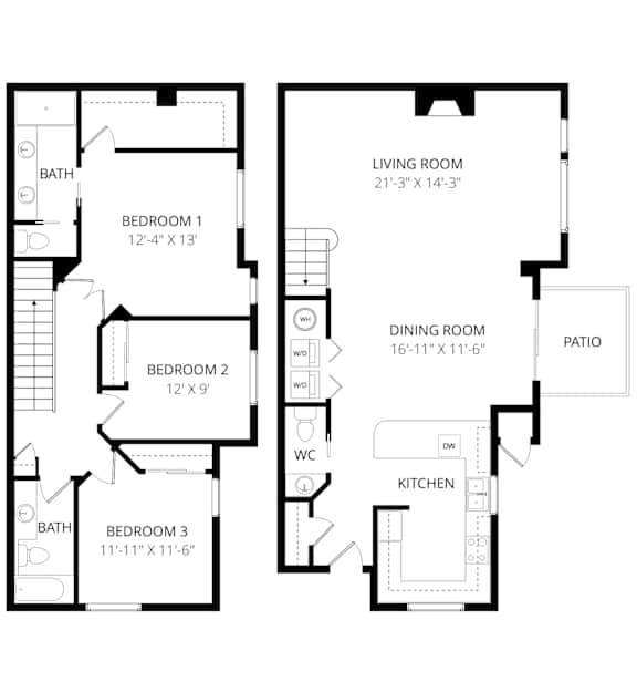 Floor Plan  A floor plan of a small apartment with three bedrooms and a kitchen.