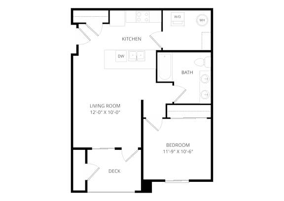 A floor plan of a small apartment with a living room, kitchen, bathroom, bedroom and deck.