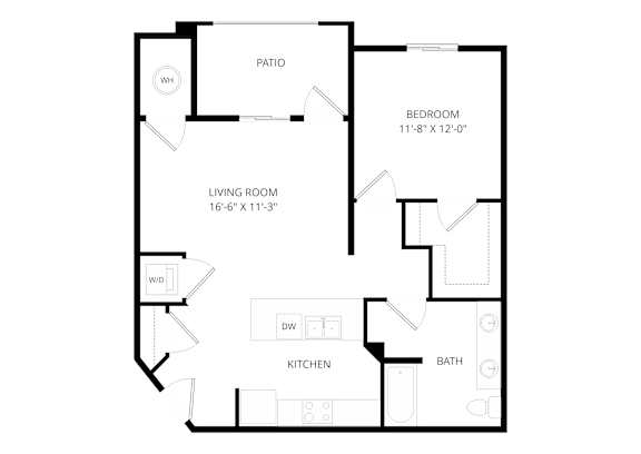 A floor plan of a house with a living room, kitchen, bathroom, bedroom and patio.
