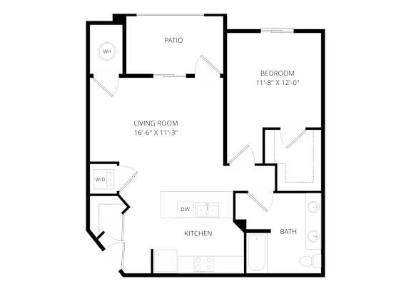 A floor plan of a house with a living room, kitchen, bathroom, bedroom and patio.