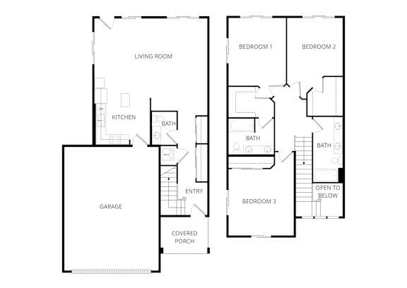 A floor plan of a house with three bedrooms, a garage, and a covered porch.