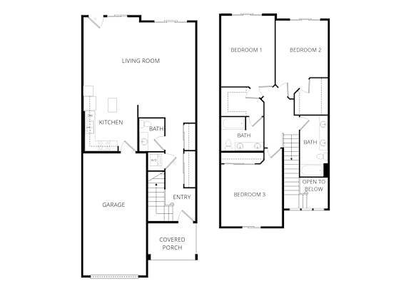 A floor plan of a house with three bedrooms, a garage, a kitchen, a bath, and a covered porch.