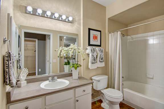 A bright bathroom here at Mozaic at Steele Park featuring a tub and shower combination with white tile surround and a curved shower rod. A wide vanity with ample counter space and a large mirror sits beneath modern lighting, while neutral finishes create a clean and comfortable space.