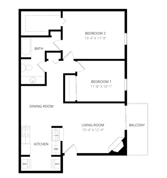 A black and white image of a floor plan for a two bedroom apartment.