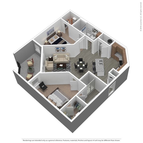 A 3D floor plan of a house with a kitchen, living room, and two bedrooms.