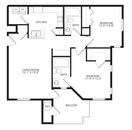 A black and white image of a house floor plan with a kitchen, living room, two bathrooms, two bedrooms, and a balcony.