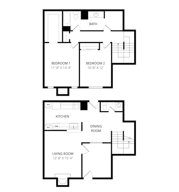 A floor plan of a two bedroom apartment with a living room, kitchen and dining room.