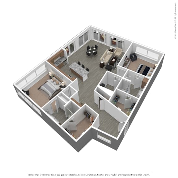 A 3D floor plan of a house with multiple rooms.