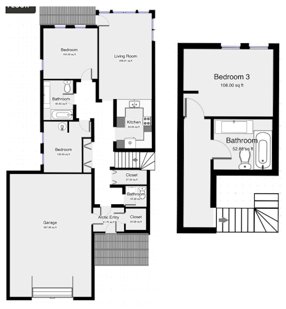 A floor plan of a house with three bedrooms, a living room, a kitchen, a bathroom, a garage, and an attic space.