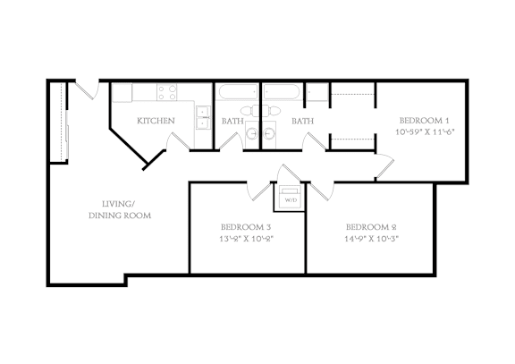 A floor plan of a house with a living and dining room, kitchen, and three bedrooms.