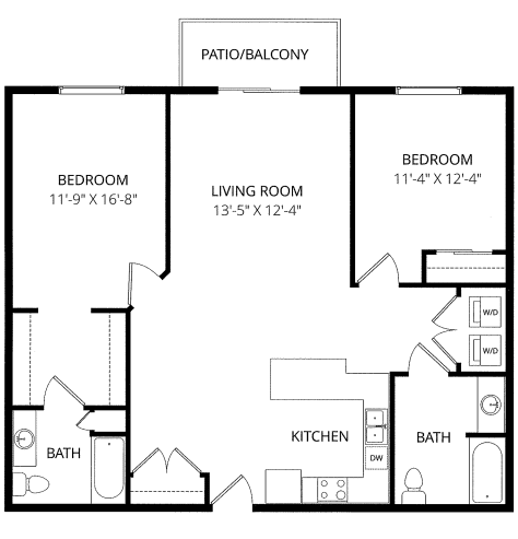 A black and white image of a floor plan for a two bedroom apartment.