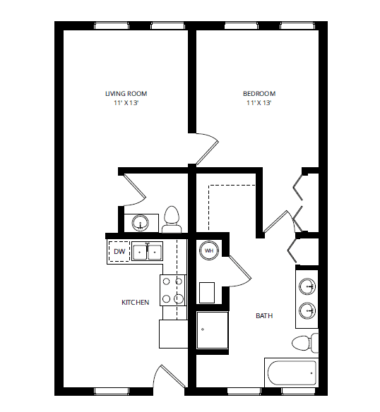 A black and white image of a floor plan for a small apartment.