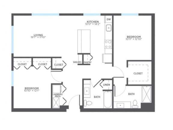 CROSS 2 Bedroom 2 Bath Floor Plan at Stitchweld, Wisconsin, 53207