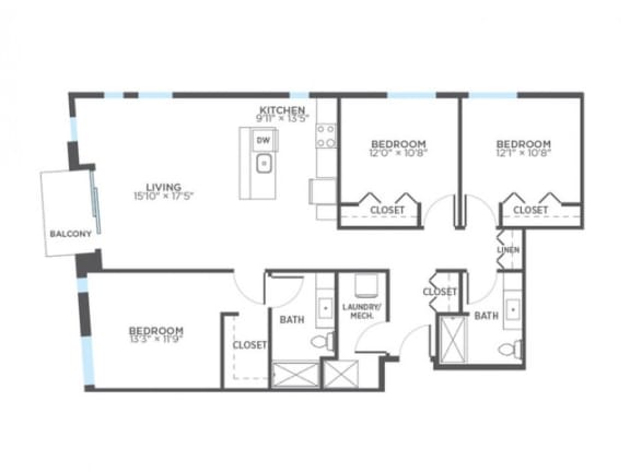 DARNING 3 Bedroom 2 Bath Floor Plan at Stitchweld, MILWAUKEE, Wisconsin