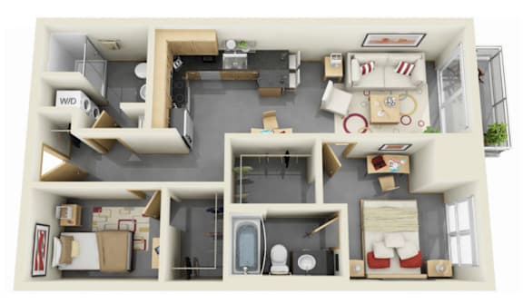 A 3D floor plan of a small apartment with a kitchen, living room, and bathroom.