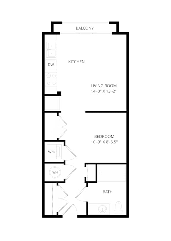 A floor plan of a small apartment with a living room, bedroom, kitchen, and bathroom.