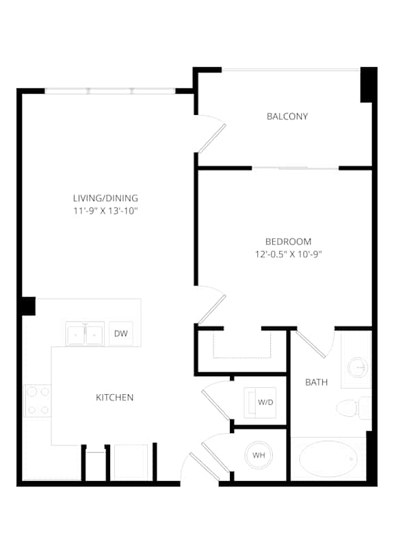 A black and white image of a floor plan for a small apartment.