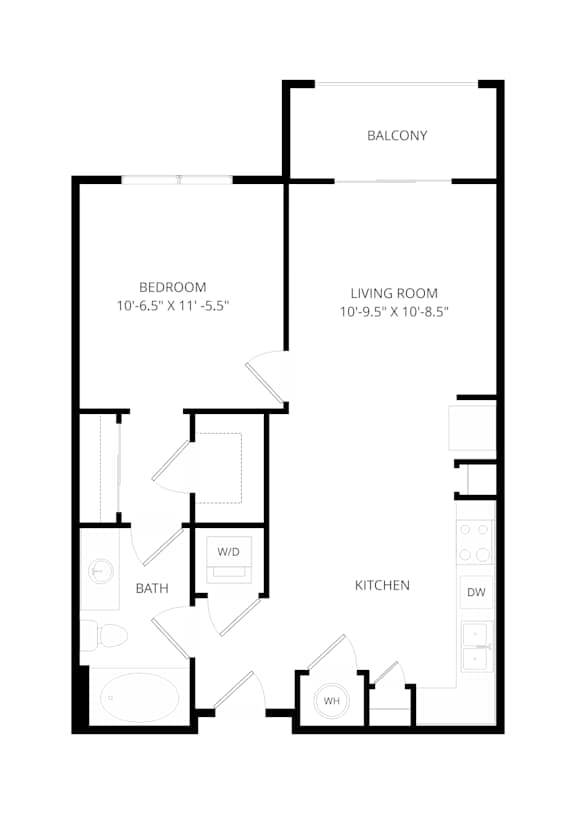 A floor plan of a small apartment with a bedroom, living room, kitchen, bathroom, and a balcony.