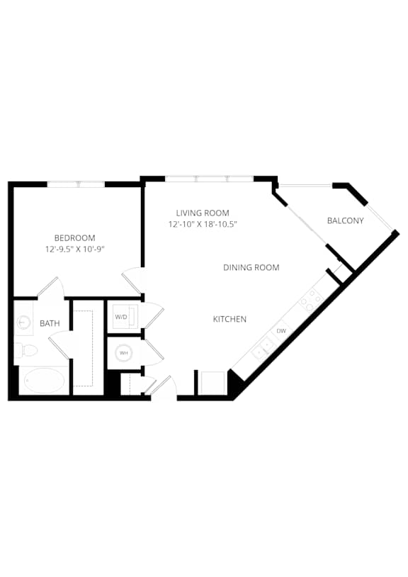 A floor plan of a room with a balcony, living room, dining room, kitchen, and bathroom.