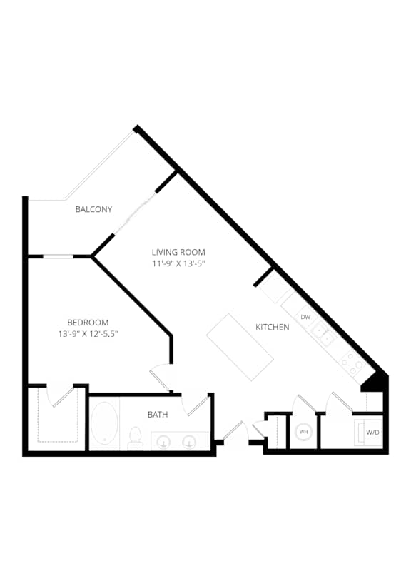 A floor plan of a house with a balcony, living room, kitchen, bathroom, and two bedrooms.