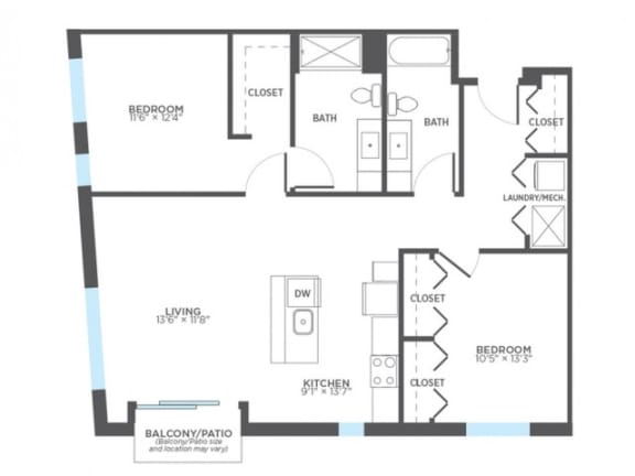 GATE 2 Bedroom 2 Bath Floor Plan at Stitchweld, Wisconsin, 53207