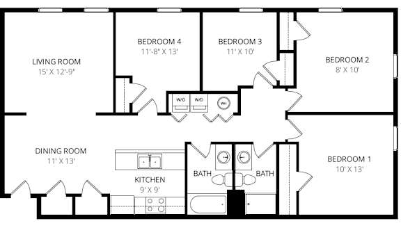 Floor Plan  A black and white image of a house floor plan with a living room, dining room, kitchen, and four bedrooms.