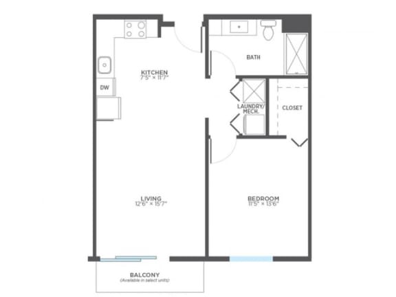 HABERDASHER 1 Bedroom 1 Bath Floor Plan at Stitchweld, MILWAUKEE, Wisconsin