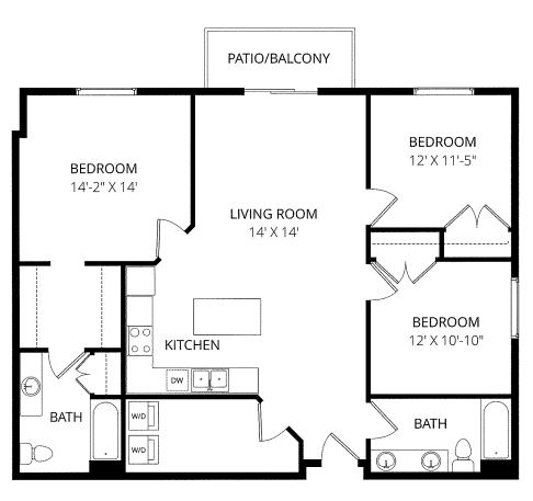A black and white image of a house floor plan with a living room, kitchen, and three bedrooms.