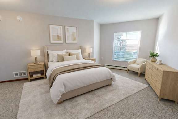 A bedroom with a large bed, a chair, and a nightstand.