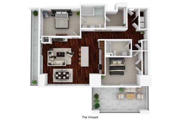two bedroom two and a half bath town home 3d floor plan