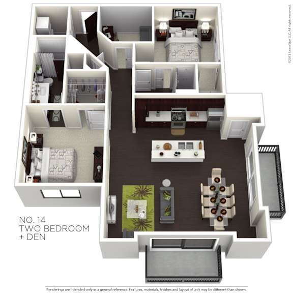 A floor plan of a two bedroom apartment with a den.