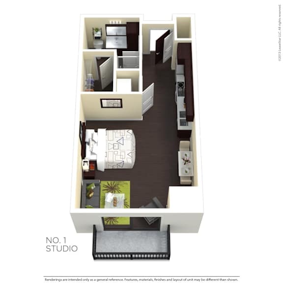 A floor plan of a studio apartment with a living room, bedroom, and kitchen.