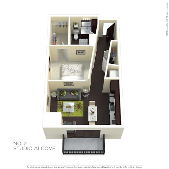 A floor plan of a studio alcove with a bed, desk, and kitchenette.