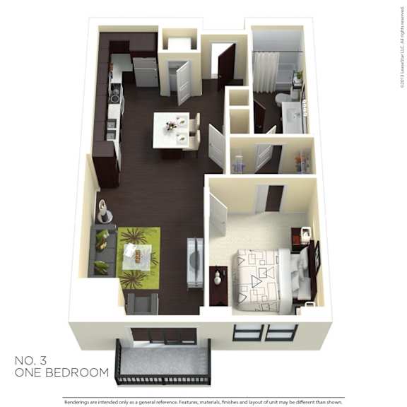 A floor plan of a one bedroom apartment.
