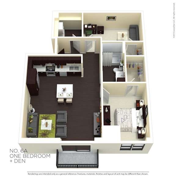 A floor plan of a one bedroom apartment with den.