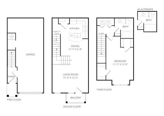 A set of three floor plans for a house with a garage, living room, and bedrooms.
