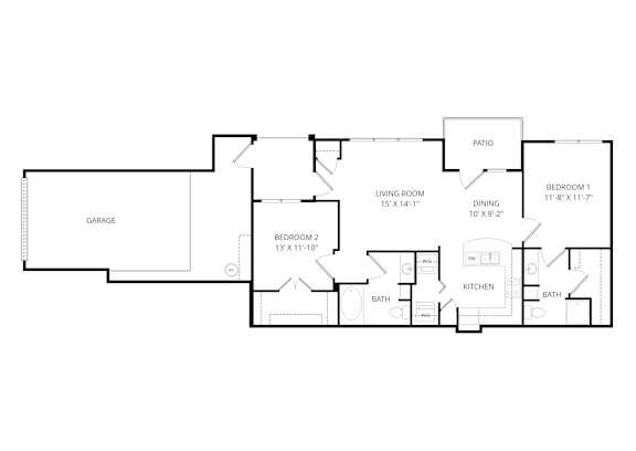 A floor plan of a house with a garage, two bedrooms, a living room, a dining room, a kitchen, and two bathrooms.