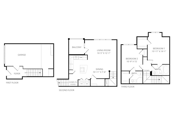 A floor plan of a three-story house with a garage on the first floor.