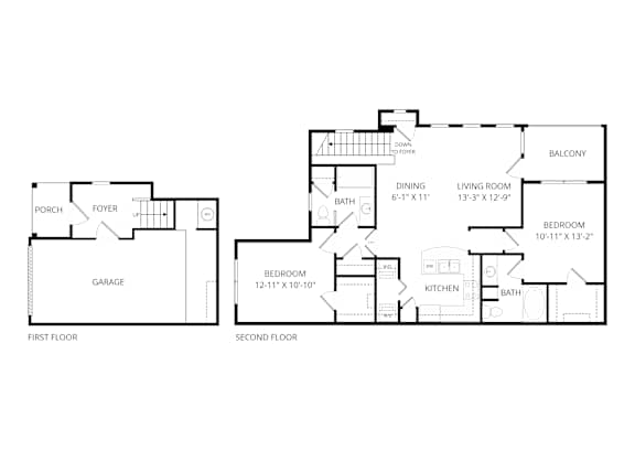 A floor plan of a two-story house with a garage and a balcony.